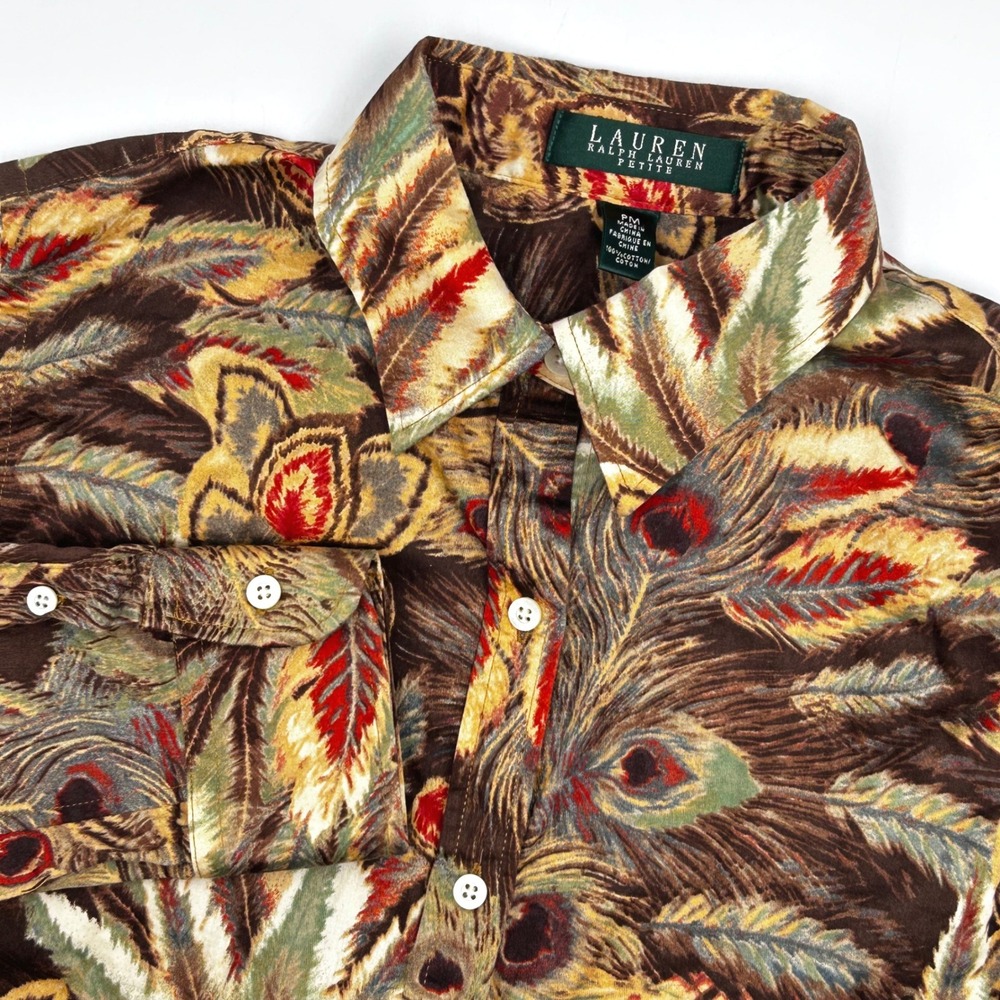 Lauren Ralph Lauren Petite PM Brown Peacock Feather Floral‎ Cotton Button Up EUC